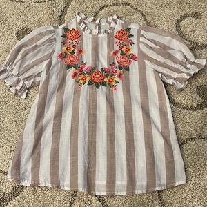 Striped Ruffle Neck Floral Embroidered Women's Top - Beige/White
